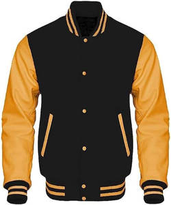 Chaqueta universitaria ligera con mangas de cuero y mezcla de lana auténtica mostaza negra para hombre Letterman Rib Knitting - Product Image 1