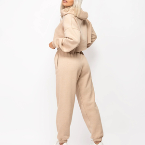 Conjunto de Jogger de mujer de forro polar de algodón 100% personalizado, pantalones de chándal con capucha de gran tamaño y logotipo, chándal corto de 2 piezas para invierno - Product Image 2