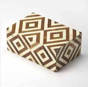 Boîte décorative en bois fait main avec incrustation d'os bleu, organiseur de bijoux et de souvenirs à motif à carreaux pour la décoration intérieure - Product Image 4
