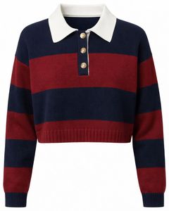 Pull Polo Court à Rayures Bleu Marine et Rouge Personnalisé pour Femmes Manches Longues Ourlet Côtelé Patte de Boutonnage Casual Hiver Tricoté - Product Image 1
