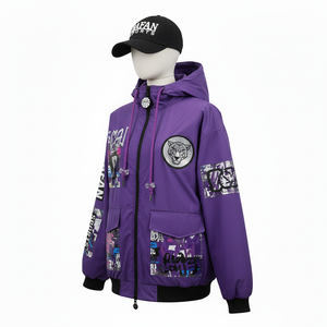 Chaqueta Cortavientos con Capucha para Mujer, de Alta Calidad, en Poliéster, Estilo Panelado Morado, con Logotipo Personalizado Impreso - Product Image 4