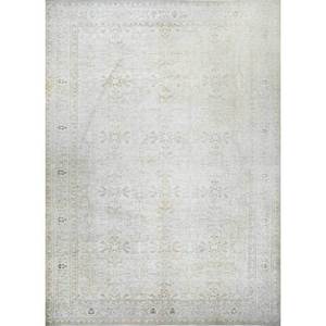 Tapis en laine noué à la main vintage ivoire Pae-793 à motif médaillon et abstrait pour l'entrée, le couloir et le salon des adolescents - Product Image 1