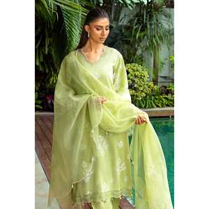 Costume en mousseline de soie vert non cousu en 3 pièces pour femmes pour le printemps/été - Product Image 2