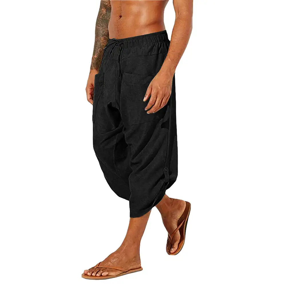 Pakaian Yoga katun Linen 3/4 kasual longgar gaya Hippie pantai pakaian pria bersirkulasi celana panjang