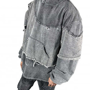 Nouveau élégant 100% coton 400 GSM poids lourd en détresse noir acide lavé à capuche blanc hommes pull Vintage hiver sweats à capuche - Product Image 4