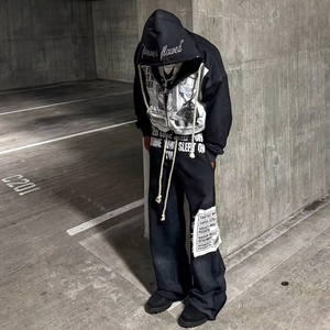 Ensemble pantalon de survêtement à capuche zippé avec broderie dégradée personnalisé Survêtements de fabricant pour hommes Survêtement délavé à l'acide avec strass et soleil - Product Image 1