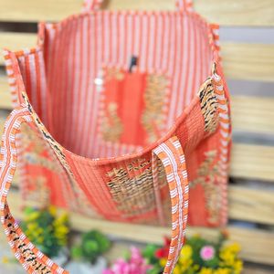 Tiger Print Kantha <b>Tote</b> Quilted Cotton Tiger <b>Tote</b> Orange Tiger Shoulder <b>Bag</b> - Product Image 3