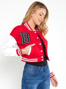 <b>Women</b> Cropped Varsity <b>Jacket</b> <b>Spring</b> Letterman Baseball Faux Leather Varsity <b>Jackets</b> Color Block Bomber <b>Jacket</b> Outerwear - Product Image 4