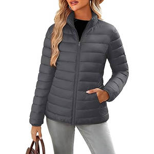 <b>Women</b> <b>Lightweight</b> Quilted Puffer <b>Jacket</b> Full Zip Stand Collar with 4 Pockets Warm Padded Fleece Winter Coat Dark Grey - Product Image 1