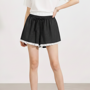 Shorts décontractés pour femmes en gros, taille haute, respirants, en tricot côtelé, avec bordure en dentelle, taille élastique, shorts de détente, shorts de pyjama doux et extensibles - Product Image 1