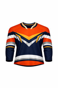 Jersey de Hockey sobre Hielo para Hombre, Rayas Azul Marino y Naranja, Manga Tres Cuartos, Cuello en V, Absorbe la Humedad, Sublimado - Product Image 1