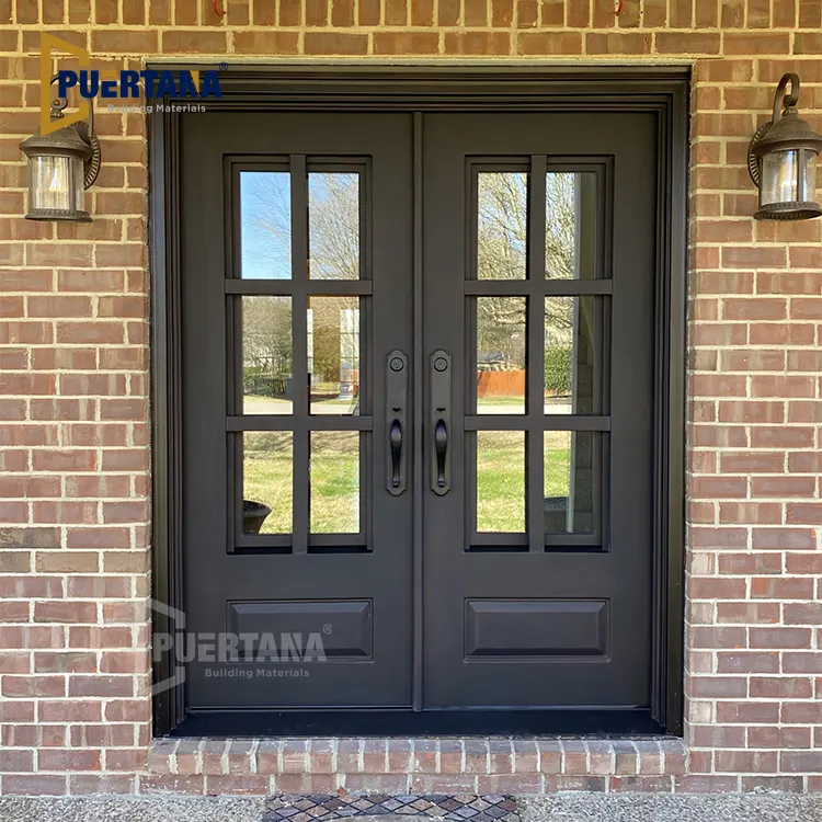Fancy American Wrought Iron Double Door Iron Pipe Door Design Security Steel Entry Main Front Door For Villa