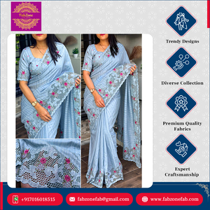 Sari en coton Tusser de qualité supérieure, élégant, traditionnel, magnifique, avec broderie et travail de découpe, disponible pour les occasions spéciales - Product Image 5