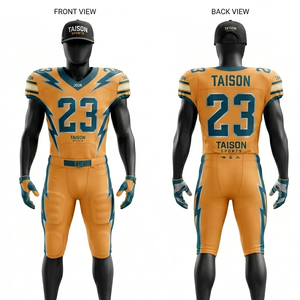 Tenue de football américain pour hommes, en polyester respirant GSM, avec empiècements dorés et bleu sarcelle, design personnalisé par sublimation, ensemble avec logo d'équipe. - Product Image 1