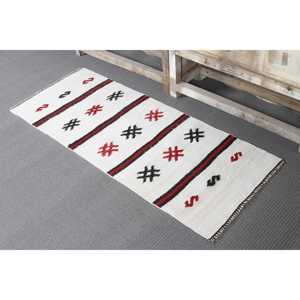 Tapis turc, petit tapis vintage 1,8x4,4 pieds, tapis en laine abstrait blanc et rouge - Product Image 4