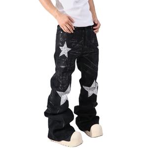 Pantalones Vaqueros Anchos de Mezclilla Negros de Moda para Hombre al por Mayor, Pantalones Holgados de Pierna Ancha con Cristales de Diamantes de Imitación y Estrellas, Ropa Casual de Calle para Otoño - Product Image 2