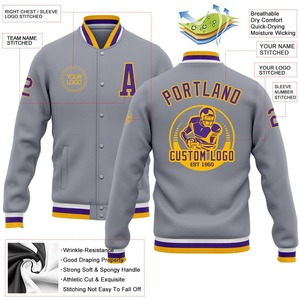 Veste universitaire vintage à boutons-pression pour hommes en gris violet-or Bomber coupe-vent Streetwear pour l'hiver Style Letterman - Product Image 2