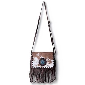 Bolso de Hombro de Cuero con Flecos de Pelo Estilo Occidental, Bolso de Cuero Boho de Alta Calidad para Mujer con Piedra Turquesa - Product Image 2