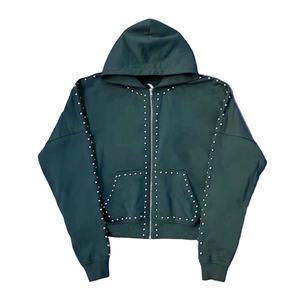 Sweat à capuche surdimensionné personnalisé de luxe avec strass, fermeture éclair, streetwear pour hommes, molleton lourd, OEM - Product Image 6