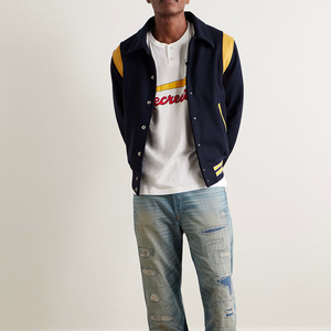 แจ็กเก็ตผ้านวมประดับเพชรขนาดใหญ่สีน้ำเงินเข้มและสีดำสำหรับนักศึกษาชายแจ็คเก็ตปกคอตั้งและโลโก้ด้านหน้า - Product Image 5