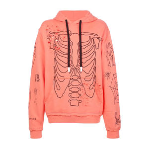 Wholesale Custom Distressed Drop Shoulder Unisex Hoodies Skeleton <b>Screen</b> Printed Vintage Stone Acid <b>Wash</b> Embroidered Logo Winter - Product Image 2