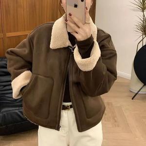 Veste d'hiver à carreaux en flanelle doublée de laine pour femmes avec bouton veste à capuche à manches longues hommes chandails manteau veste de style moto - Product Image 5