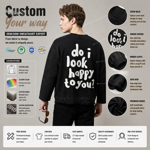 Sudadera de cuello redondo para hombre, estilo vintage, lavada, con letras frontales y eslogan trasero bordado, corte holgado, bajo sin rematar, manga larga, estilo streetwear. - Product Image 3