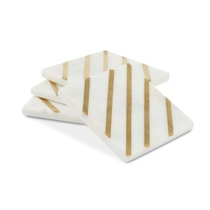Sous-verres en marbre incrustés de laiton en métal fabriqués à la main tapis et tampons en pierre naturelle antidérapants pour le bureau à domicile ou l'utilisation d'une table à thé d'hôtel - Product Image 1