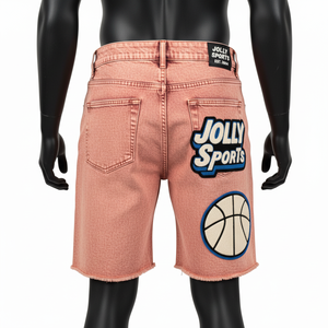 Premium Pink Acid Wash Denim <b>Shorts</b> Thick Cotton Denim Raw Hem Streetwear Custom Chenille <b>Patch</b> Logo <b>Men</b> Acid wash <b>men's</b> <b>shorts</b> - Product Image 3