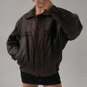Blouson aviateur en cuir grande taille de style vintage pour femmes durable imperméable surdimensionné en peau de mouton longue longueur - Product Image 1