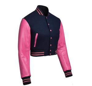 Chaqueta universitaria recortada personalizada para mujer, chaqueta con letras de béisbol de cuero y lana de calidad superior para mujer, OEM de manga larga - Product Image 3