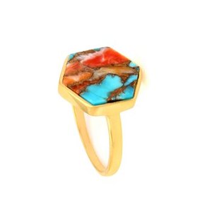 New Arrival Solid 925 Sterling Silver 14k Gold Plated Kingman Mohave Spiny Oyster Copper Turquoise Gemstone <b>Ring</b> Bezel Setting - Product Image 4