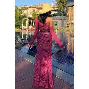 Vestido de punto calado 2847 con cinturón de satén, transparencias y cintura natural - Product Image 3