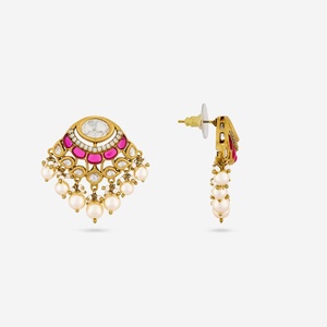 Pendientes de Perlas de Agua Dulce con Estilo Kundan 189224, Montura de Latón 100% con Diseño de Paz, Ideales para Bodas y Fiestas - Product Image 3