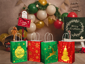 Christmas Craft Paper Bags Eco-Friendly Recyclable Silver Foil Printing <b>Flat</b> Handles Hand Length Handle Style - Product Image 1