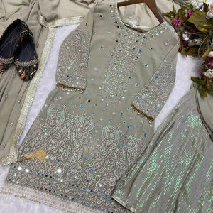 Designer indien pakistanais vêtements vert olive Georgette Sharara costume lourd séquence travail pour les occasions de fête de mariage - Product Image 1