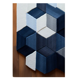 Tapis indigo moderne de qualité supérieure en laine touffeté à la main à poils hauts avec conception de blocs géométriques irréguliers tridimensionnels pour la maison - Product Image 3