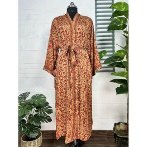 Boho Vintage <b>Silk</b> Sari Dressing Gown Recycled Robe Kimono Beach Cover-up Beige <b>Red</b> Bridesmaid Anniversary Swimsuit Cover Ups - Product Image 1