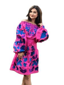 Ukraine à la mode Floral brodé ballon manches Mini longueur courte élégante robe Ukraine avec ceinture - Product Image 2