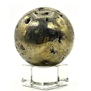 Esfera de bola de piedra de pirita con soporte de cristal, piedra magnética de dinero para la carrera y negocios, cristal para curación de Reiki y cristal