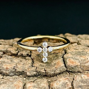 14K Solid Gold Natural Diamond Dainty <b>Cross</b> <b>Ring</b> with Prong Setting Luxury Christian Design for Women - Product Image 3