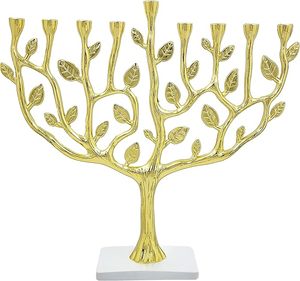 Hanukkah Menorah Árbol DE LA Vida con Base de Piedra (Oro) CALIDAD QUE EL MUNDO SABE HECHO EN LA INDIA. - Product Image 1