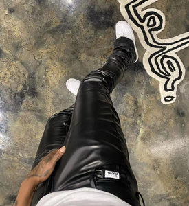 OEM Custom Logo <b>Mens</b> PU Leather Skinny Fit <b>Elastic</b> Fashion <b>Trousers</b> Motorcycle Pants Thin Streetwear Leather Stacked Flare Pants - Product Image 4