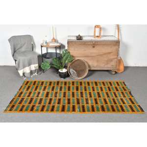 Alfombra turca Vintage bohemia de 3,1x6,4 pies, diseño de retazos verde amarillo, técnica de tejido plano de látex de lana para pasillo de entrada - Product Image 1