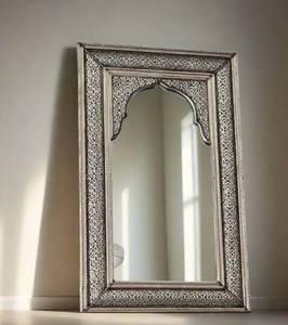 Moroccan <b>Wall</b> Arch <b>Mirror</b>,Antique Moroccan Decor,Hand Engraved Metal <b>Mirror</b>, <b>Decorative</b> <b>Wall</b> <b>Mirror</b>,Silver Color - Product Image 1