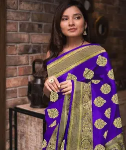 Modern stil etnik giyim Zini Butti Banarasi İpek tasarımcı Saree ağır Pallu ve aynı dokuma iş sınır bluz kadınlar için