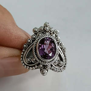 Handmade Boho <b>Statement</b> <b>Ring</b> Natural Amethyst Set Oval Cut Sterling Silver Heartshape Design Birthday Anniversary Gift for Her - Product Image 4