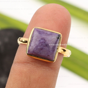Wholesale Supply 10mm Square Shape Bezel Ring Natural <b>Purple</b> Charoite 925 Sterling Silver 18K Gold Rhodium Eternity Vermeil - Product Image 5
