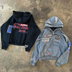 OEM Vaqueros de doble capa 100% con doble capucha, estilo vintage, desgastados, con dobladillo sin rematar, parches bordados, estampado de pedrería y diseño de carreras - Product Image 2