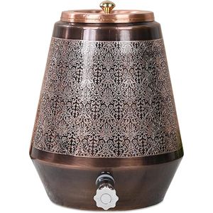 Pot à eau en cuivre imprimé traditionnel, distributeur artisanal avec robinet pour la maison, distributeur d'eau en cuivre imprimé floral au meilleur prix - Product Image 1